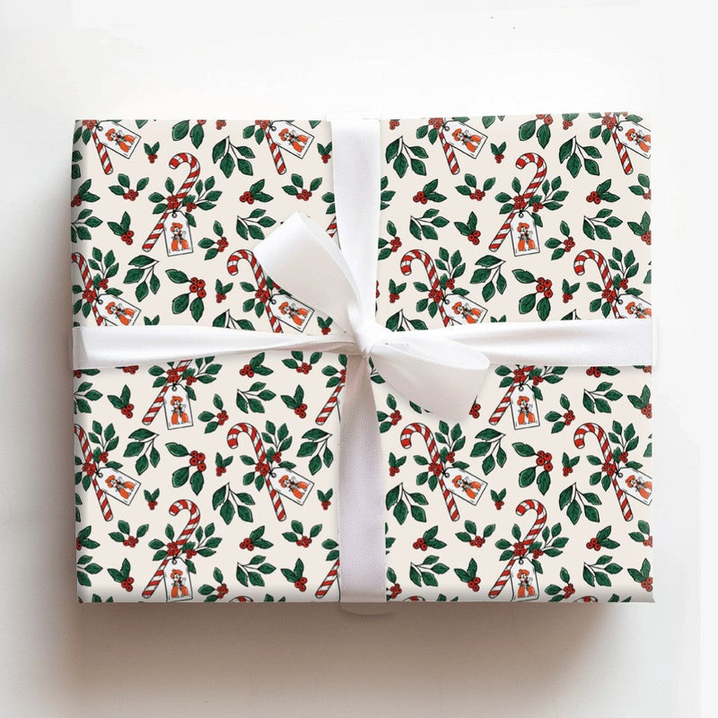 Candy Cane Holly Gift Wrapping Paper, Fox Christmas Wrapping Paper, Adorable Winter Fox Wrap Paper, Holiday Gift Wrap, Whimsical Xmas Present