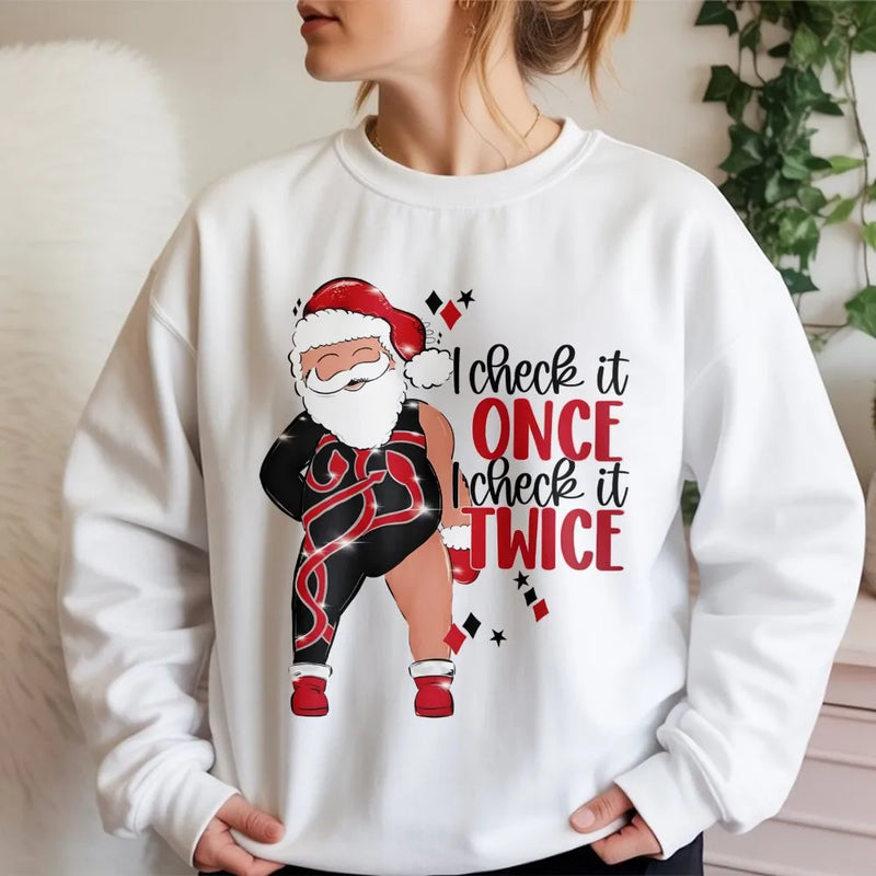 Gymnast Santa Pullover, Humorous Santa Sweatshirt, I Check It Twice Crewneck, Fitness Holiday Sweater, Christmas Gymnast Present