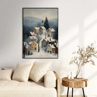 Comfy Snowy Town Painting Print, Winter Village Wall Art Poster, Rustic Christmas Holiday Poster, Seasonal Living Room Wall Decor Present