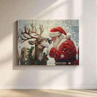 Snowy Christmas Canvas Wall Art, Santa and Reindeer Canvas Print, Holiday Season Canvas Decor, Festive Winter Wall Art, Xmas Home Decor Present
