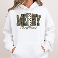 Checkerboard Holiday Sweatshirt, Merry Christmas Camo Hoodie, Camouflage Xmas Hoodie, Winter Graphic Pullover, Christmas Present Hoodie