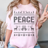 Festive Reindeer Nordic Pattern Shirt, Peace Ugly Christmas T-Shirt, Retro Holiday Xmas Graphic Tee, Matching Couples Christmas Shirt