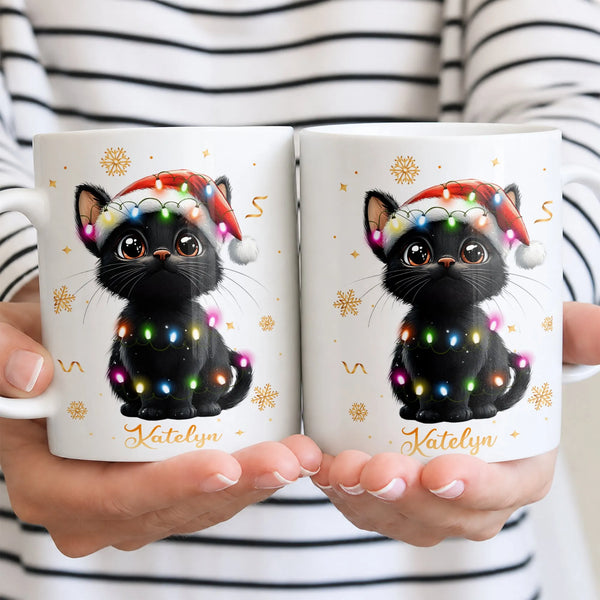Adorable Kitten Santa Hat Fairy Lights Coffee Mug, Black Cat Christmas Mug, Holiday Pet Lover Cup, Festive Cat Ceramic Mug