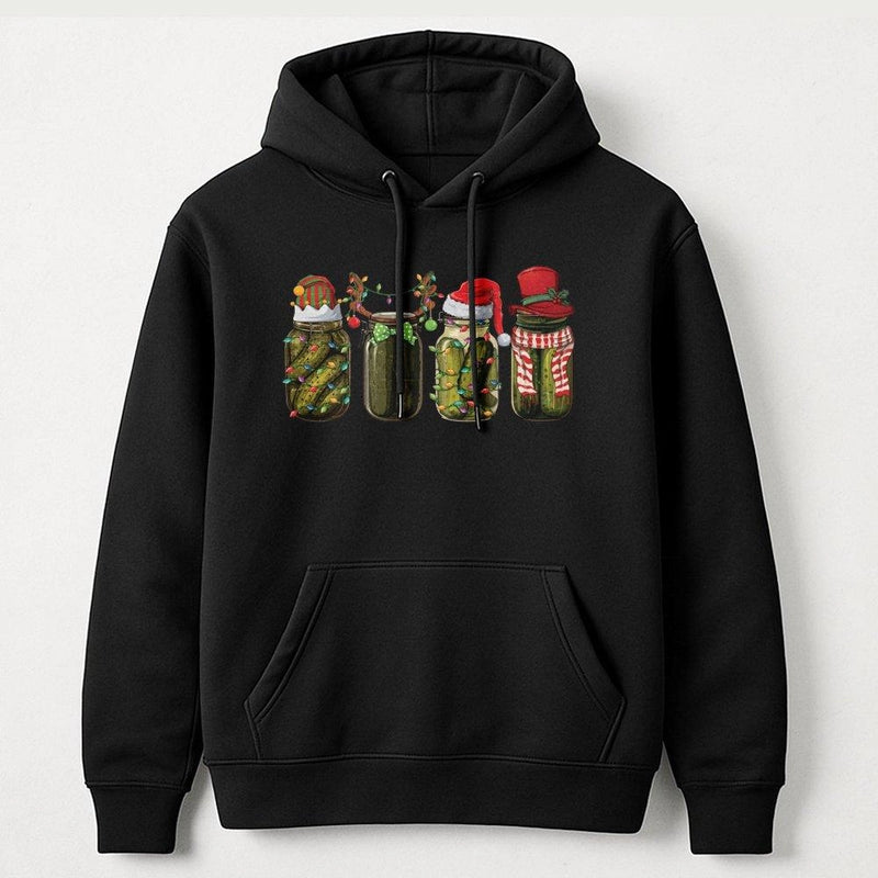 Humorous Holiday Pickle Hoodie, Christmas Pickle Hoodie, Mason Jar Foodie Hooded Sweatshirt, Retro Christmas Pickle Pullover, Winter Xmas Present