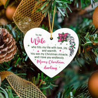 Poinsettia Floral Holiday Tree Ornament, To My Wife Heart Ceramic Ornament, Romantic Keepsake Christmas Ornament, Love Present for Wife