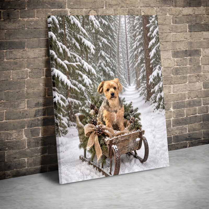 Snowy Forest Dog Wall Art, Winter Terrier Sled Canvas, Christmas Puppy Sleigh Canvas Print, Rustic Holiday Dog Lover Wall Decor