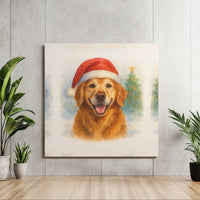 Santa Hat Dog Canvas Art, Golden Retriever Christmas Square Canvas, Watercolor Puppy Canvas Print, Holiday Pet Wall Art Decor Present