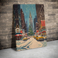 NYC Watercolor Canvas Print, Christmas in New York Canvas Wall Art, Vintage Holiday Cityscape Canvas, Winter City Wall Decor, Christmas Present