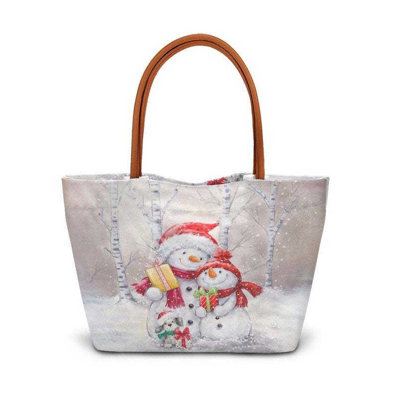 Winter Holiday Season Tote Bag, Watercolor Snowman Christmas Tote Bag, Adorable Xmas Grocery Bag, Festive Travel Shoulder Tote Bag, Holiday Present