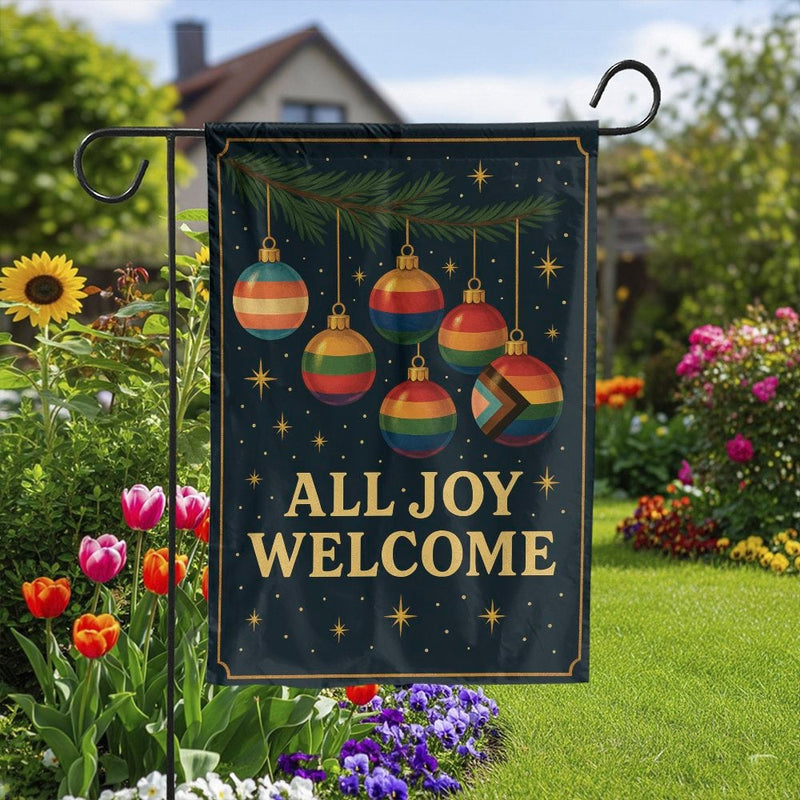 All Joy Welcome Holiday Yard Flag, LGBTQ Pride Garden Flag, Rainbow Christmas Ornaments Outdoor Flag, Inclusive Holiday Garden Decor