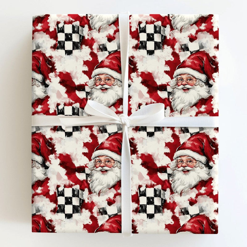 Checkered Flag Racing Gift Wrap, Racing Santa Wrapping Paper, Motorsport Santa Christmas Wrapping Paper, Auto Racing Holiday Gift Wrap