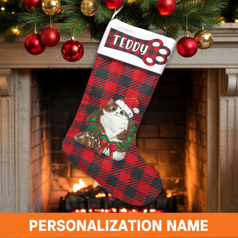 Red Buffalo Plaid Cat Stocking, Personalized Cat Christmas Stocking, Adorable Pet Lover Holiday Stocking, Custom Name Kitten Christmas Stocking