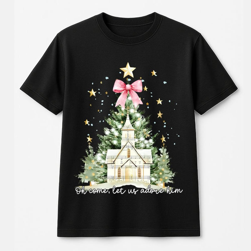 Watercolor Christmas Tree Shirt, Oh Come Let Us Adore Him T-Shirt, Coquette Bow Holiday Tee, Christian Graphic T-Shirt, Xmas Present for Women