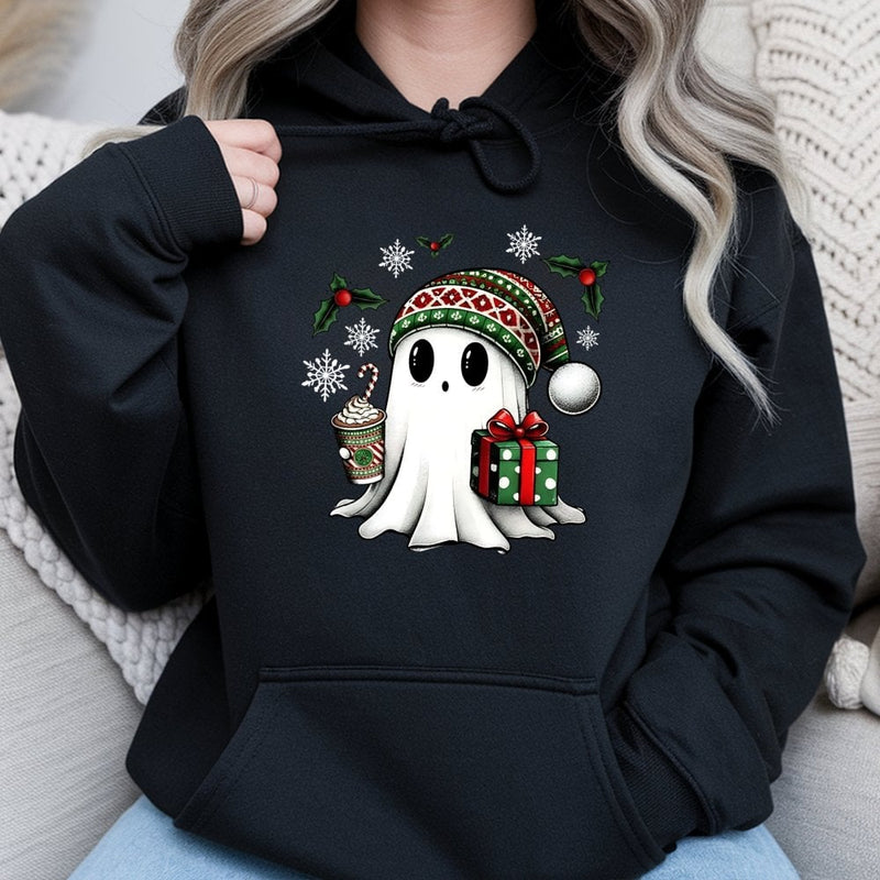 Hot Cocoa Spooky Holiday Hoodie, Adorable Ghost Christmas Hoodie, Festive Winter Ghost Hooded Sweatshirt, Comfy Xmas Cocoa Pullover Hoodie, Present