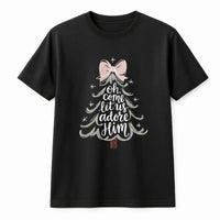 Minimalist Christmas Tree Script Tee, O Come Let Us Adore Him T-Shirt, Christian Holiday Graphic Shirt, Religious Faith Xmas Present for Her