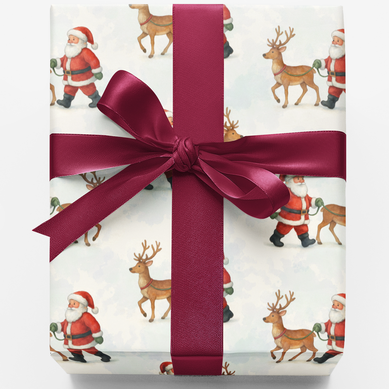Christmas Holiday Gift Wrap, Watercolor Santa and Reindeer Wrapping Paper, Adorable Xmas Pattern Wrapping Paper, Winter Present Wrap Paper Roll