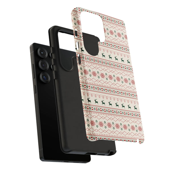 Nordic Reindeer Snowflake Phone Case, Christmas Samsung Phone Case, Dual Layer Holiday Cover, Festive Xmas Galaxy Phone Case 