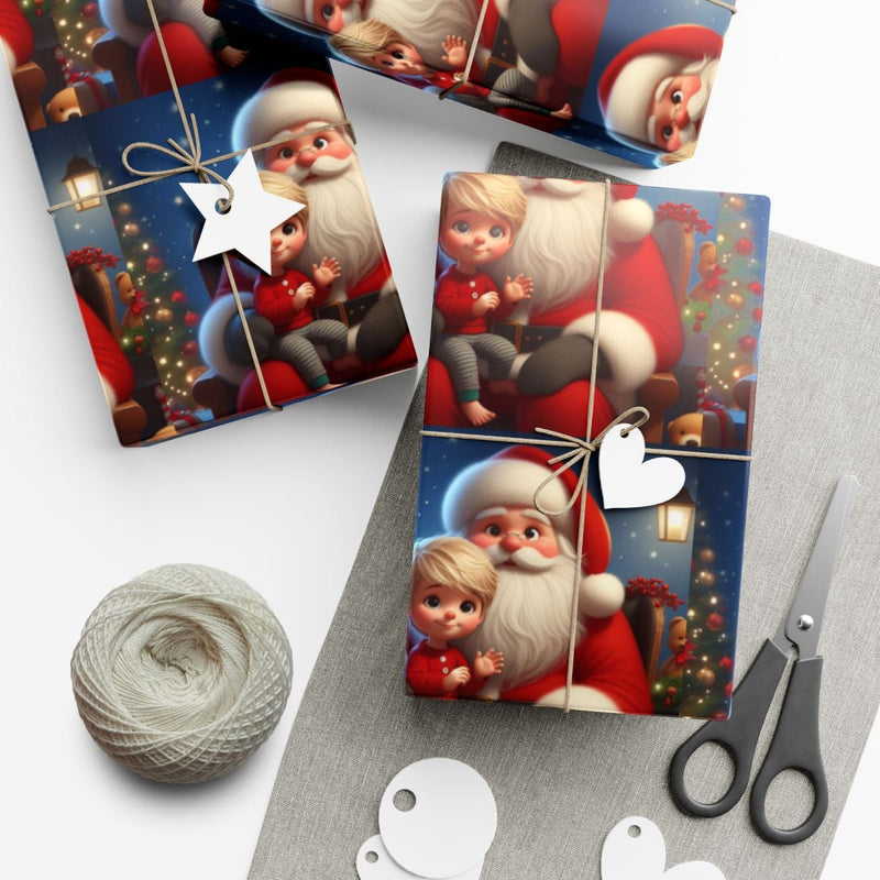 Adorable Holiday Gift Wrap, Santa Claus and Child Christmas Wrapping Paper, Festive Kids Xmas Present Paper, Vintage Santa Claus Gift Wrap Roll