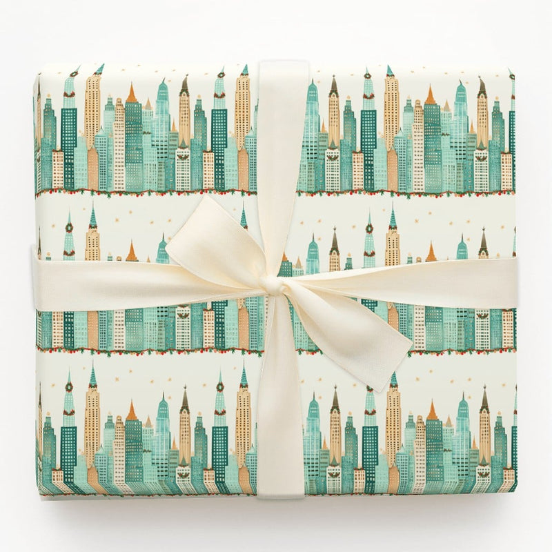 NYC Skyscraper Gift Wrap, Christmas City Skyline Wrapping Paper, Holiday City Wreath Wrapping Paper, Urban Architecture Gift Wrap Roll