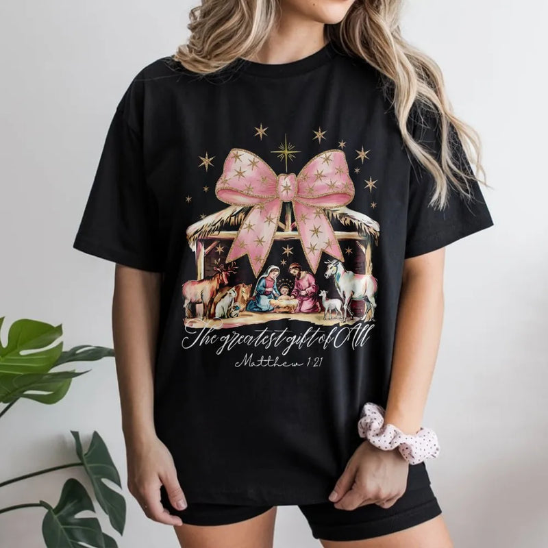 Pink Bow Christmas T-Shirt, Coquette Nativity Scene Shirt, Christian Holiday Graphic Tee, Greatest Present of All Shirt, Religious Xmas Present