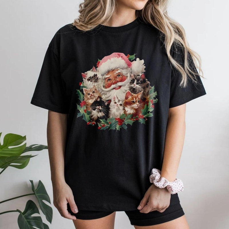 Retro Adorable Festive Cat Lover Graphic Tee, Santa and Kittens Christmas T-Shirt, Whimsical Holiday Cat Mom Shirt, Vintage Xmas Kitten Tee
