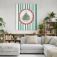 Red Scalloped Stripe Holiday Canvas Print, Vintage Christmas Tree Canvas Wall Art, Festive Xmas Tree Canvas Decor, Winter Seasonal Wall Art
