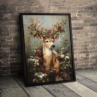 Festive Woodland Stag Portrait Print, Christmas Deer Canvas Wall Art, Holly Berries Pinecones Canvas, Holiday Art Digital Download