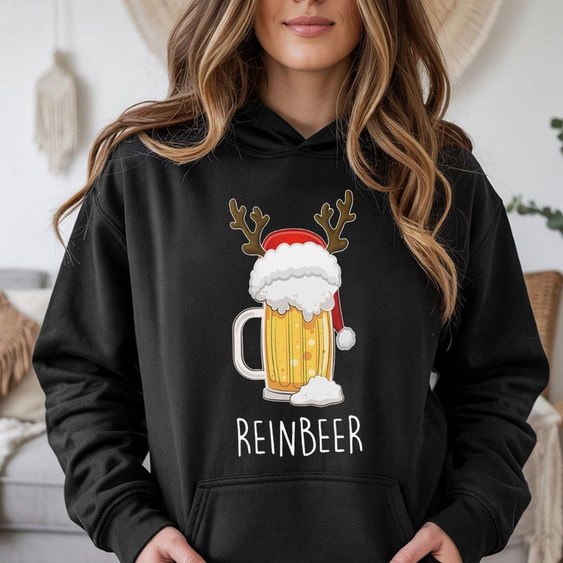 Humorous Reindeer Beer Graphic Hoodie, Reinbeer Christmas Hoodie, Holiday Party Drinking Sweatshirt, Ugly Xmas Pullover Hoodie Present for Men