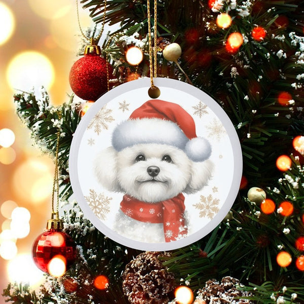Santa Hat Dog Ceramic Ornament, Bichon Frise Christmas Ornament, Winter Snowflake Puppy Ornament, Festive Dog Lover Tree Deco