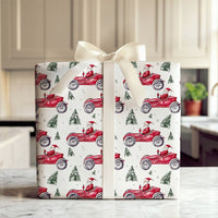 Vintage Car Christmas Gift Wrap, Santa Red Race Car Wrapping Paper, Watercolor Auto Holiday Present Paper, Driver Xmas Gift Wrap
