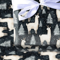 Navy Winter Forest Gift Wrap, Llama Reindeer Wrapping Paper, Snowy Pine Tree Wrapping Paper, Christmas Holiday Paper