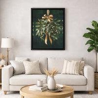 Botanical Christmas Canvas Print, Festive Mistletoe Canvas Wall Art, Holiday Greenery Wall Decor, Winter Gold Bow Canvas, Holiday Xmas Present