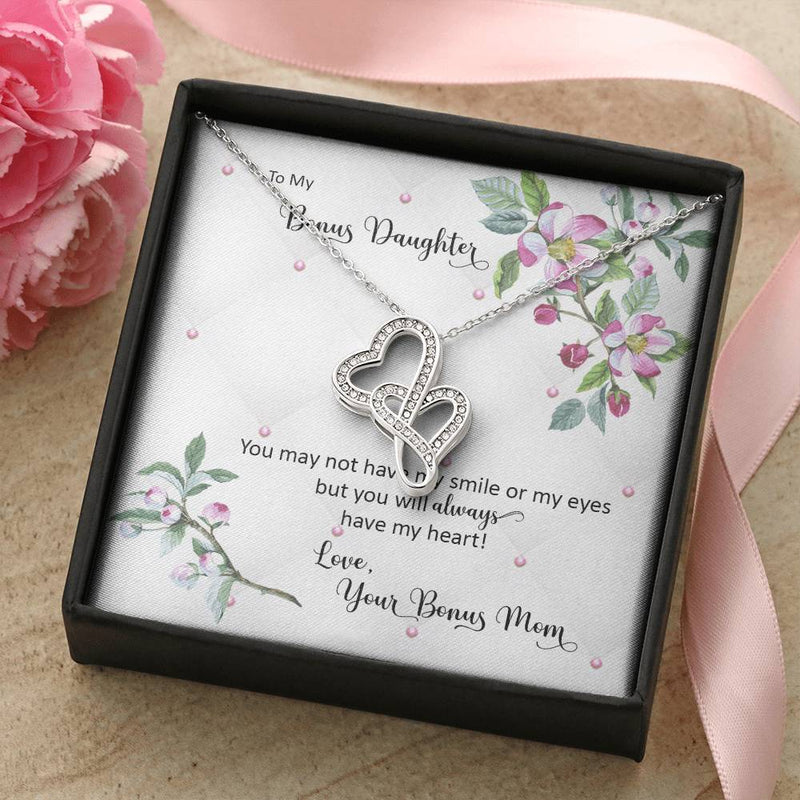 Interlocking Heart Pendant, Double Heart Necklace for Bonus Daughter, 14K White Gold Necklace, Birthday Christmas Present from Bonus Mom