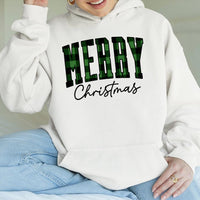Buffalo Plaid Lettering Hoodie, Green Plaid Merry Christmas Hoodie, Festive Winter Holiday Hoodie, Comfy Xmas Pullover Sweatshirt