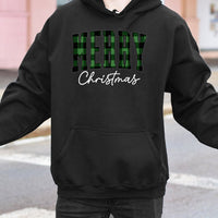 Buffalo Plaid Lettering Hoodie, Green Plaid Merry Christmas Hoodie, Festive Winter Holiday Hoodie, Comfy Xmas Pullover Sweatshirt
