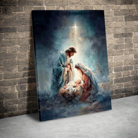Holy Family Watercolor Wall Art, Nativity Scene Canvas Print, Christian Christmas Decor, Bethlehem Manger Canvas, Holiday Faith Present