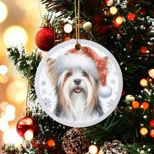 Santa Hat Dog Ceramic Ornament, Biewer Terrier Christmas Ornament, Adorable Puppy Holiday Ornament, Xmas Tree Dog Decor, Dog 