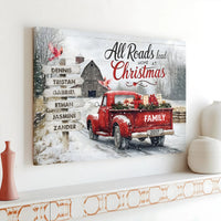 Red Truck Winter Farmhouse Wall Art, Custom Family Name Christmas Canvas, Personalized Holiday Decor, Rustic Winter Wonderland Present