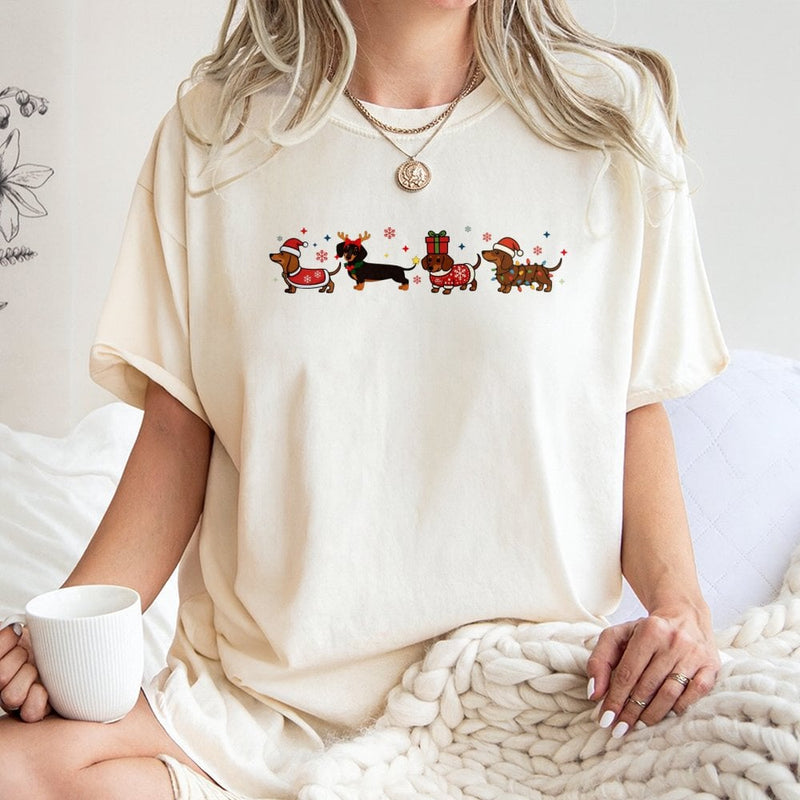 Adorable Wiener Dog Holiday Shirt, Dachshund Christmas T-Shirt, Festive Dachshund Graphic Tee, Dog Lover Xmas T-Shirt, Dog Mom Christmas Present