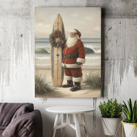 Tropical Christmas Canvas, Beach Santa Canvas Print, Coastal Holiday Wall Art, Beach Surfboard Canvas Decor, Ocean Lover Christmas Present