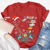 Heart Graphic Tee, Christmas Books Santa Hats Snowflakes T-Shirt, Bookish Holiday Shirt, Adorable Reader Xmas Present