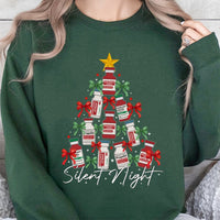 ICU Nurse Drug Vial Tree Sweatshirt, Silent Night Medical Christmas Sweatshirt, Healthcare Worker Crewneck, Humorous Nurse Holiday Sweatshirt