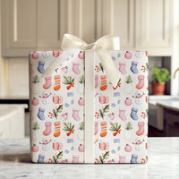 Christmas Icons Wrapping Paper, Watercolor Snowman Stocking Wrapping Paper, Festive Holiday Wrapping Paper Roll, Winter Present Gift Wrap