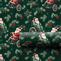 Dark Green Christmas Gift Wrap, Wheelchair Santa Claus Wrapping Paper, Inclusive Holiday Wrapping Paper, Pine Holly Xmas Gift Wrap