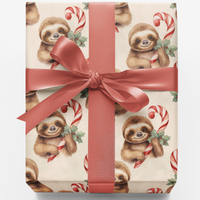 Adorable Sloth Gift Wrap, Christmas Sloth Wrapping Paper, Watercolor Candy Cane Wrapping Paper, Holiday Sloth Gift Wrap, Winter Present Paper
