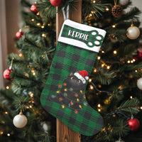 Green Plaid Cat Holiday Stocking, Personalized Black Cat Christmas Stocking, Custom Pet Christmas Stocking, Velboa Kitten Xmas Stocking