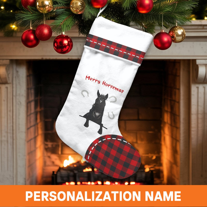 Buffalo Plaid Horse Stocking, Merry Horsemas Black Horse Christmas Stocking, Personalized Christmas Stocking, Equestrian Holiday Present