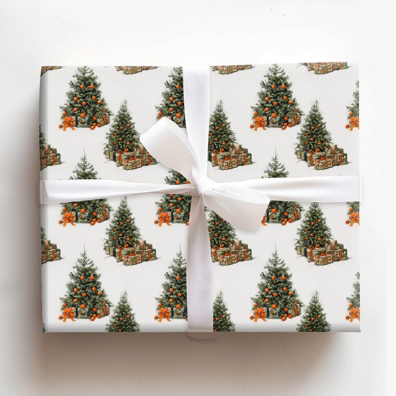 Retro Citrus Holiday Gift Wrap, Vintage Christmas Tree with Oranges Wrapping Paper, Winter Tree Wrapping Paper Roll, Classic Present Wrap
