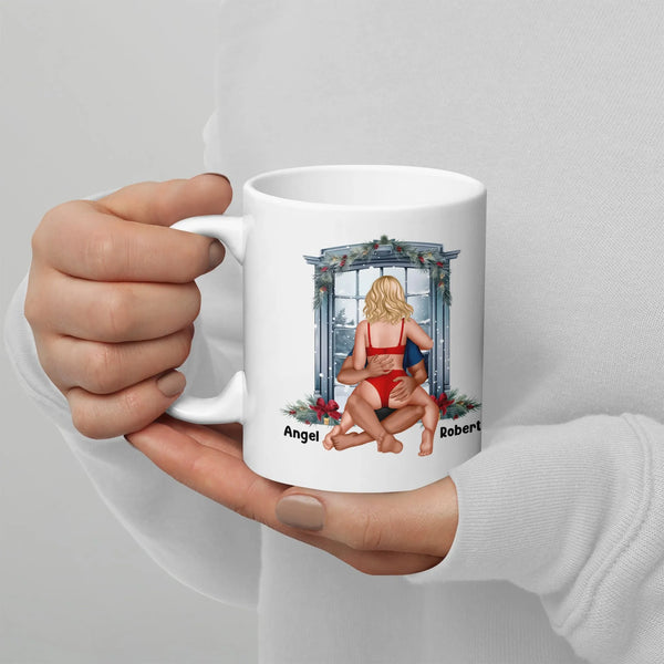 Romantic Christmas Window Ceramic Mug, Personalized Couple Mug, Holiday Couple Coffee Cup, Custom Anniversary Present for Hus