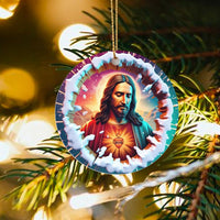 Snowy Border Catholic Christmas Ornament, Sacred Heart of Jesus Ceramic Ornament, Religious Holiday Tree Ornament, Faith Keepsake Present
